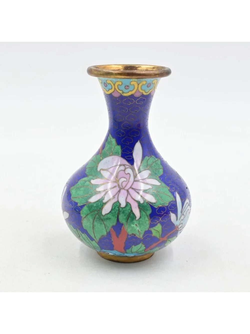Chinese Cloisonne Miniature Flower Vase Cobalt Blue Enamel Gold Tone Rim 4